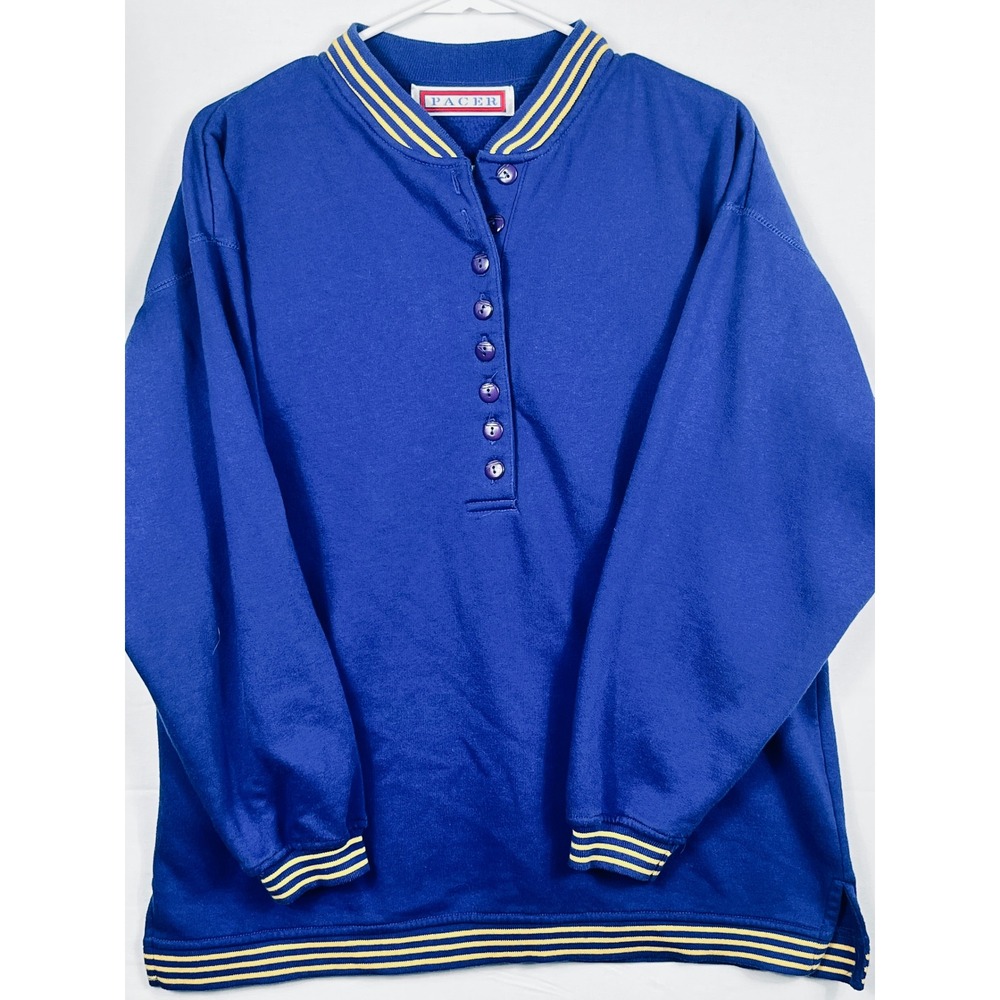 Pacer Henley Sweatshirt Mens Medium Blue Yellow Striped Trim Button Pullover M
